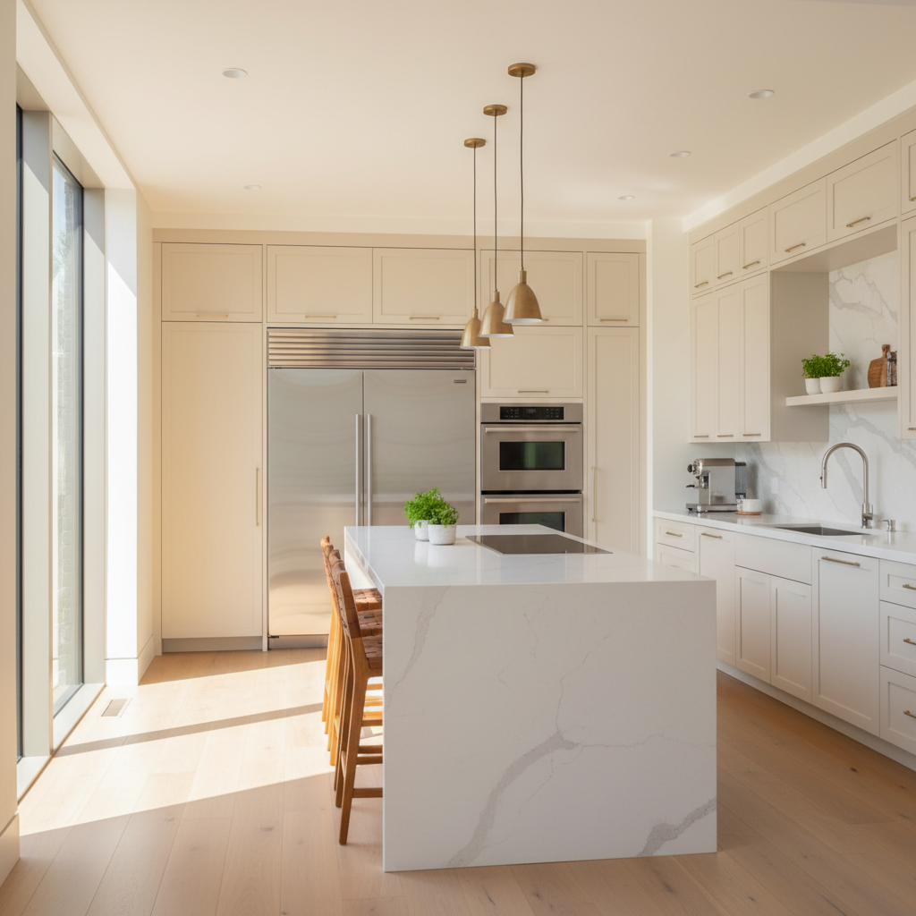Upscale kitchen with integrated dishwasher and oven